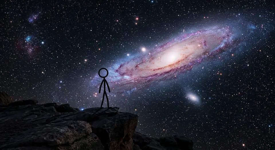 Stick figure looking at a galaxy